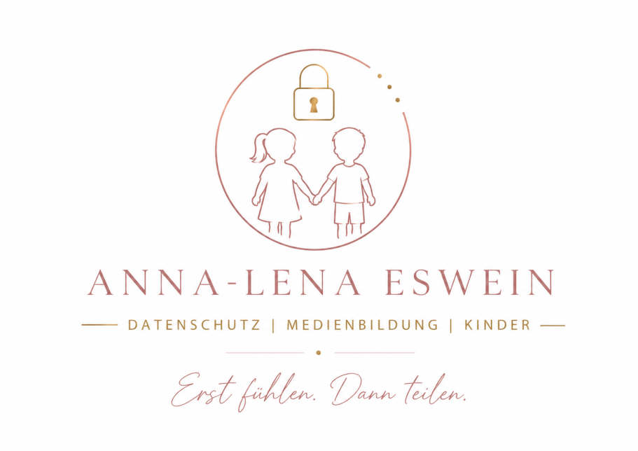 Logo „Anna-Lena Eswein“ mit Kinder-Symbol und Schloss, Fokus auf Datenschutz, Medienbildung und Kinder