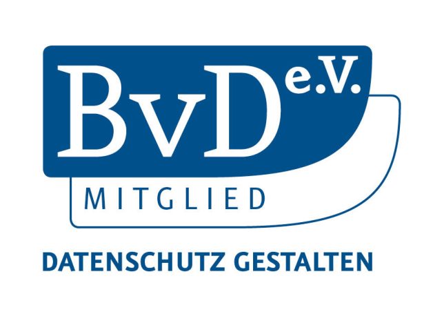 BvD e.V. Mitglied Logo mit Schriftzug „Datenschutz gestalten“ in Blau
