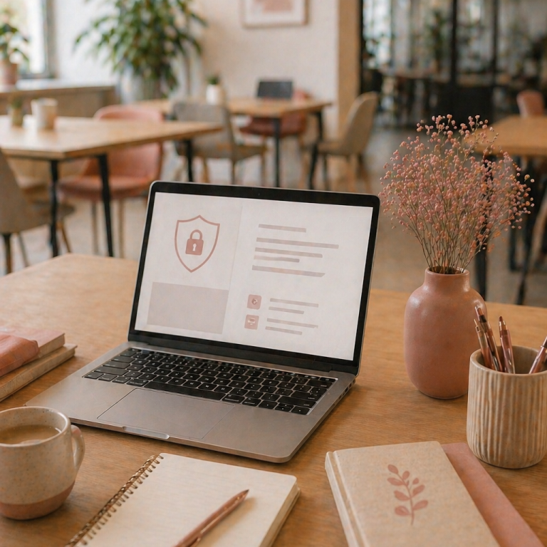 Ein Laptop steht auf einem Tisch in einem modernen Raum, daneben liegen ein Notizbuch, Stifte und eine Tasse.