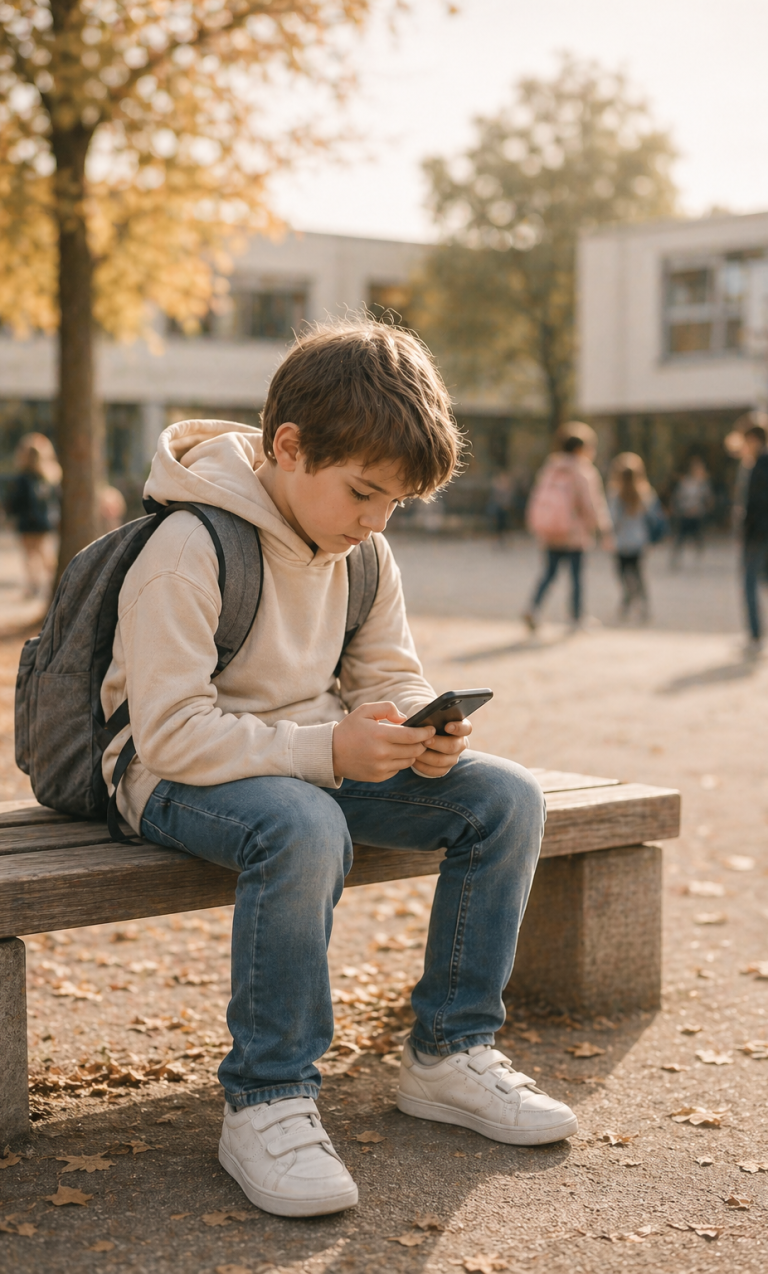 Junge sitzt mit Smartphone auf Bank vor Schule im Herbst, Fokus auf Mediennutzung bei Kindern