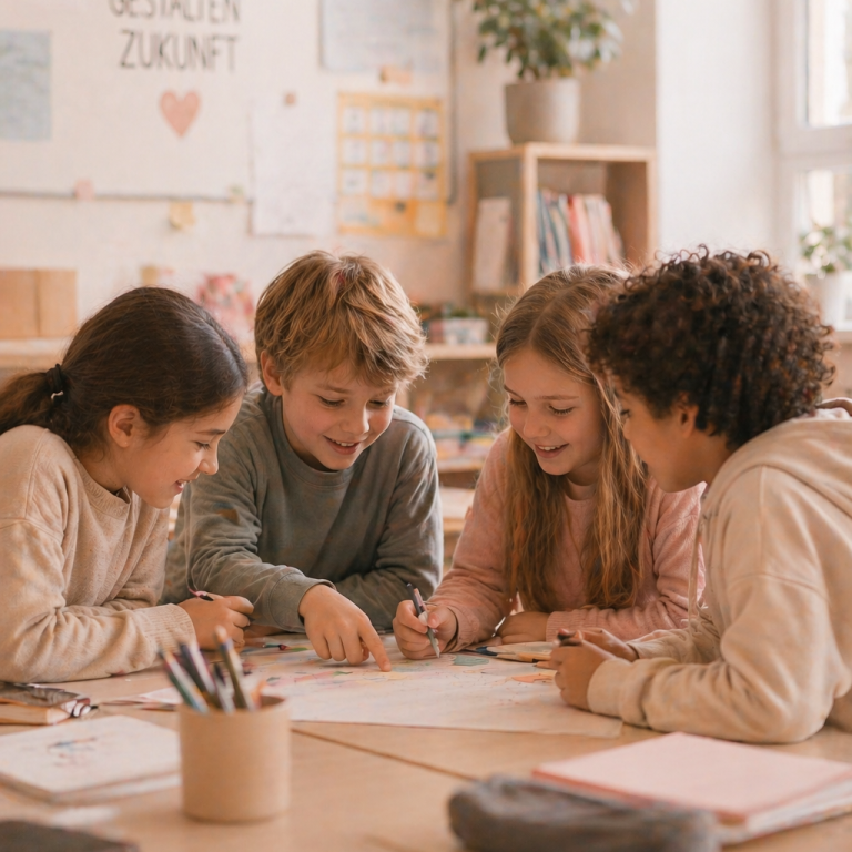 Vier Kinder sitzen an einem Tisch im Klassenzimmer und malen gemeinsam auf einem großen Blatt Papier.
