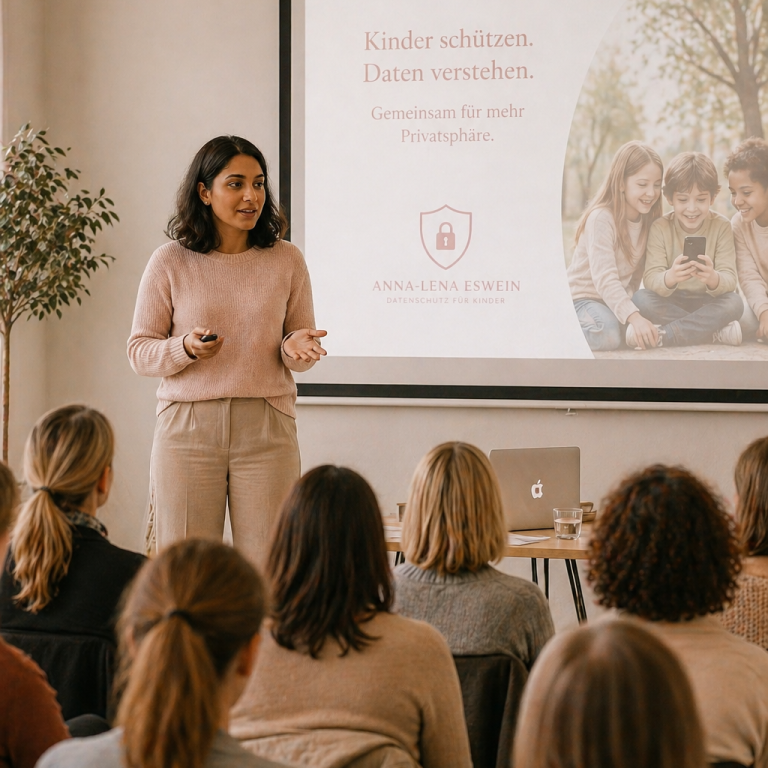 Vortrag zu Datenschutz bei Kindern mit Präsentation und Publikum im Seminarraum
