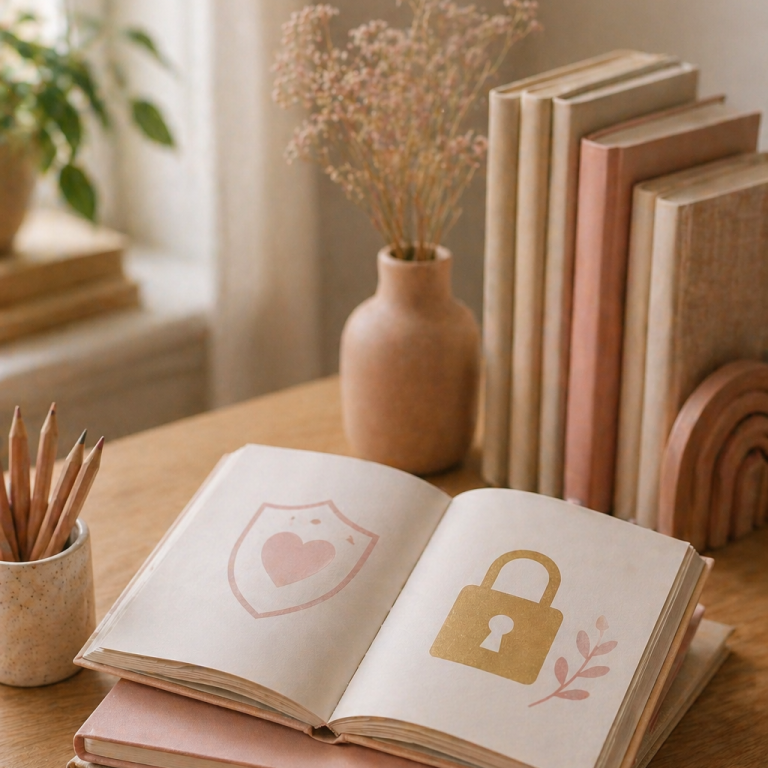 Ein aufgeschlagenes Buch liegt auf einem Holztisch, umgeben von weiteren Büchern, Stiften und einer kleinen Vase mit Blumen.